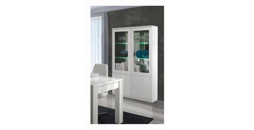 Vitrine, vaisselier, argentier FABIO blanc brillant high gloss + LED. Meuble design pour votre salon ou salle à manger.