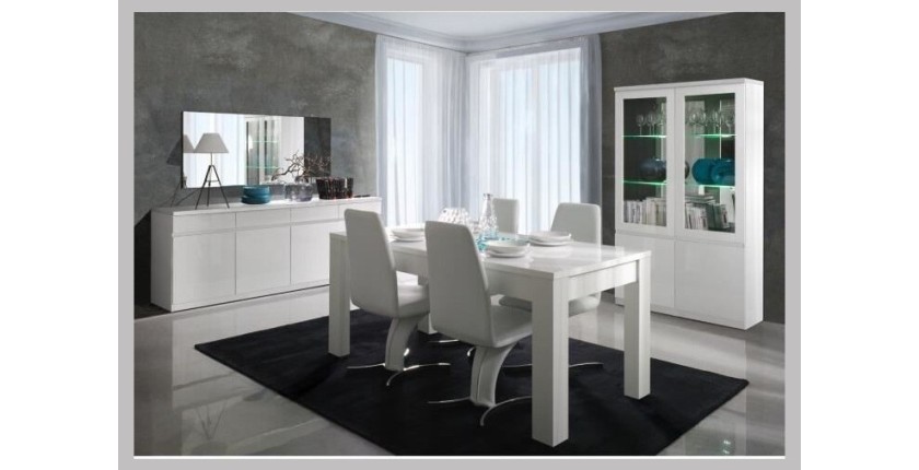 Vitrine, vaisselier, argentier FABIO blanc brillant high gloss + LED. Meuble design pour votre salon ou salle à manger.