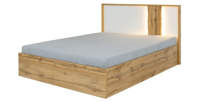 Lit coffre 160x200 adulte design WOOD avec deux chevets. Couleur chêne Wotan et blanc