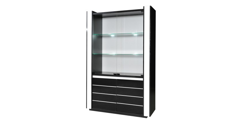 Vitrine argentier vaisselier LINA + LED coloris noir et blanc brillant. Meuble design pour votre salon ou salle à manger