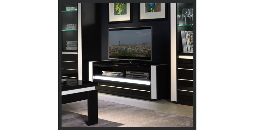 Meuble tv LINA noir et blanc brillant + LED