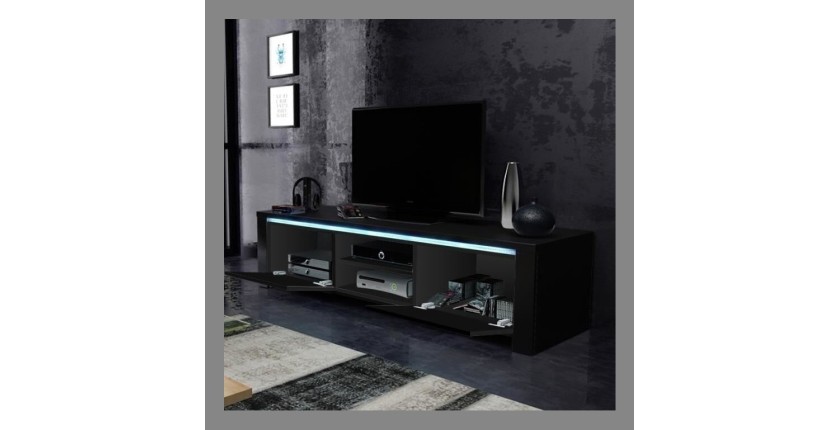 Meuble TV design MANHATTAN 140 cm à 2 portes et 2 niches coloris noir + LED