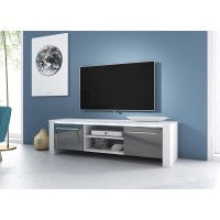 Meuble TV design MANHATTAN 140 cm à 2 portes et 2 niches coloris blanc et gris + LED