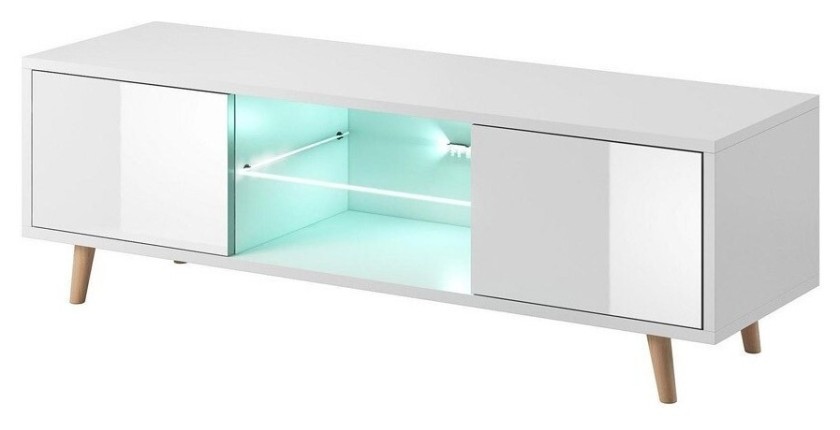 Meuble TV design EDEN 140 cm, 2 portes et 2 niches, coloris blanc + LED. Type scandinave.