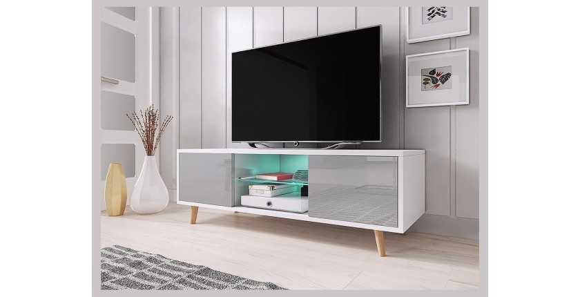 Meuble TV design EDEN 140 cm, 2 portes et 2 niches, coloris blanc et gris + LED. Type scandinave.