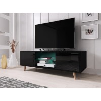 Meuble TV design EDEN 140 cm, 2 portes et 2 niches, coloris noir + LED. Type scandinave.