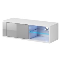Meuble TV design BREST-HIT 100 cm, 1 porte et 2 niches, coloris blanc et gris + LED