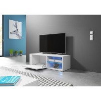Meuble TV design BREST-HIT 100 cm, 1 porte et 2 niches, coloris blanc et gris + LED