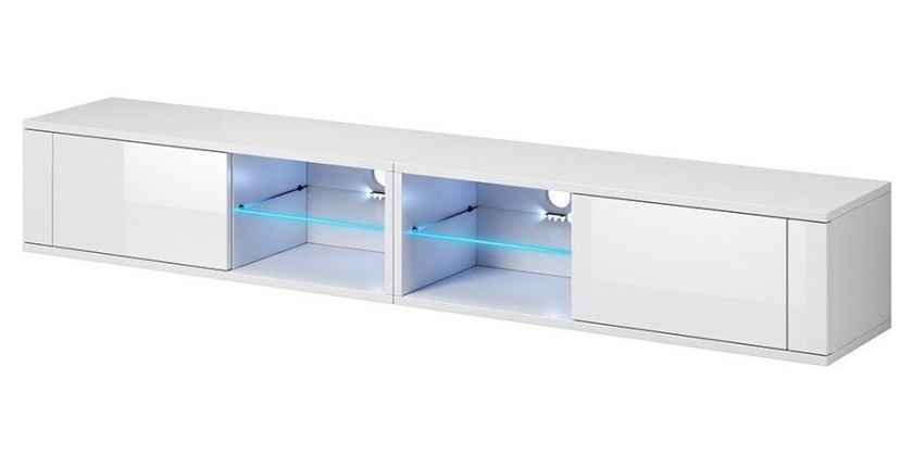 Meuble TV design BREST-HIT XXL 200 cm, 2 portes et 4 niches. Coloris blanc + LED