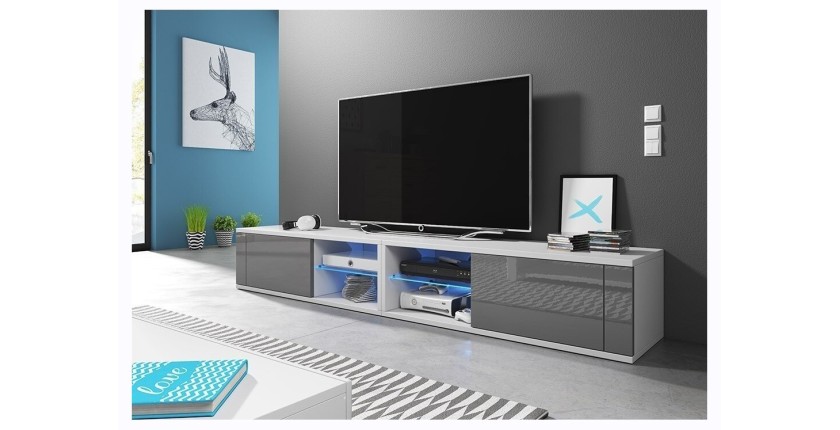 Meuble TV design BREST-HIT XXL 200 cm, 2 portes et 4 niches. Coloris blanc et gris + LED