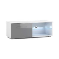 Meuble TV design LEON II 100 cm, 1 porte et 2 niches, coloris blanc et gris brillant+ LED