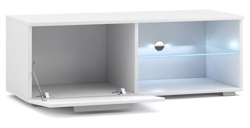 Meuble TV design LEON II 100 cm, 1 porte et 2 niches, coloris blanc et gris brillant+ LED