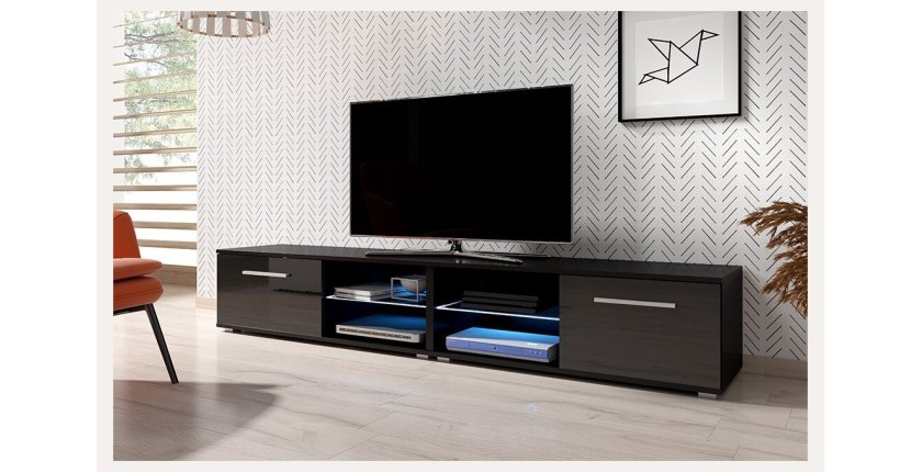 Meuble TV design LEON II XXL, 2 mètres, 2 portes et 4 niches, coloris noir + LED