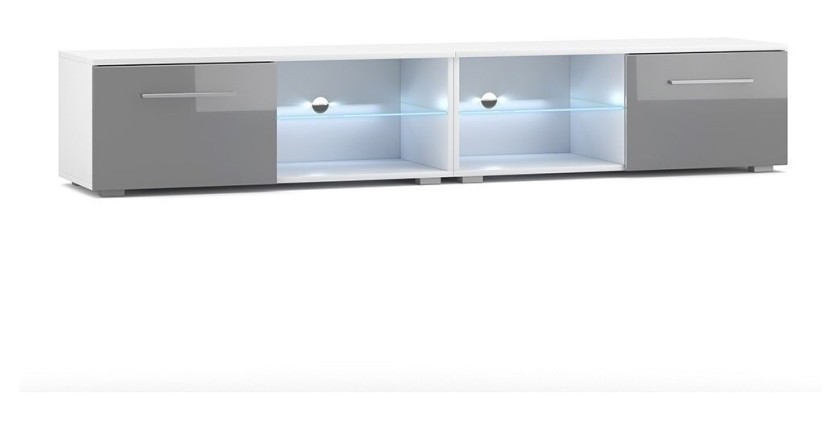 Meuble TV design LEON II XXL, 2 mètres, 2 portes et 4 niches, coloris blanc et gris + LED