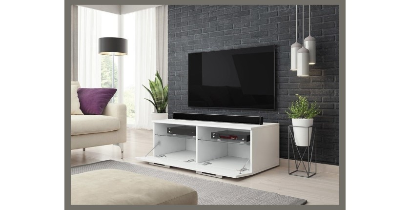 Meuble TV design BONNIE 100 cm, 2 portes et 2 niches, coloris chêne + LED.