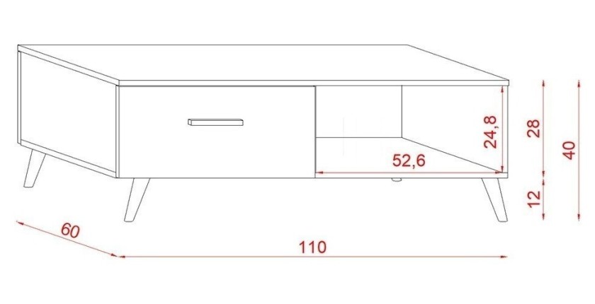 Table basse EDEN 110 cm avec 1 tiroir et 1 niche, coloris blanc et gris.