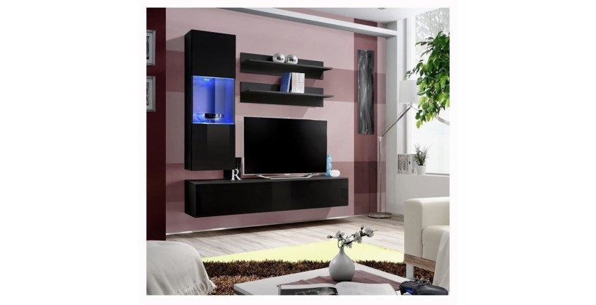 Meuble TV FLY H3 design, coloris noir brillant. Meuble suspendu moderne et tendance pour votre salon.