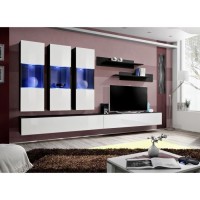 Meuble TV FLY E2 design, coloris noir et blanc brillant. Meuble suspendu moderne et tendance pour votre salon.