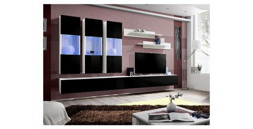 Meuble TV FLY E2 design, coloris blanc et noir brillant. Meuble suspendu moderne et tendance pour votre salon.