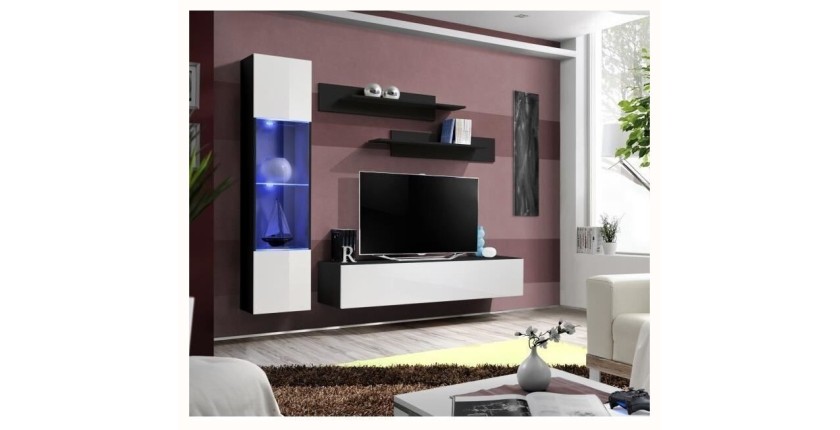 Meuble TV FLY G3 design, coloris noir et blanc brillant. Meuble suspendu moderne et tendance pour votre salon.