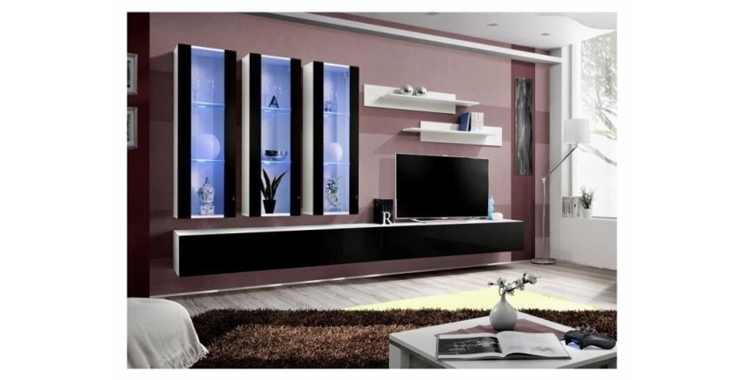 Meuble TV FLY E3 design, coloris blanc et noir brillant. Meuble suspendu moderne et tendance pour votre salon