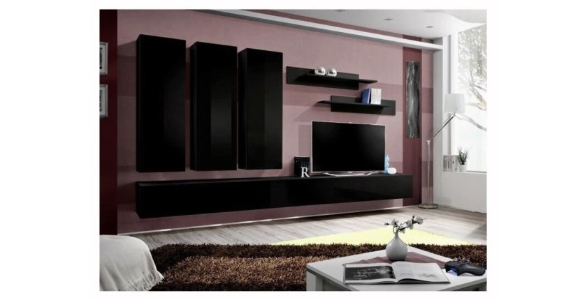 Meuble TV FLY E1 design, coloris noir brillant. Meuble suspendu moderne et tendance pour votre salon.