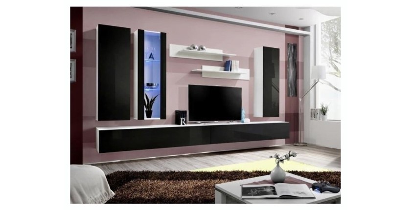 Meuble TV FLY E4 design, coloris blanc et noir brillant. Meuble suspendu moderne et tendance pour votre salon.