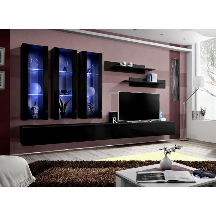 Meuble TV FLY E3 design, coloris noir brillant. Meuble suspendu moderne et tendance pour votre salon.