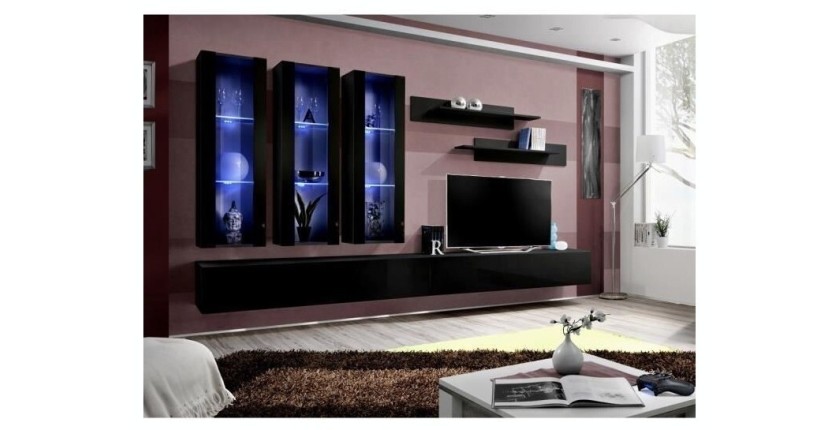 Meuble TV FLY E3 design, coloris noir brillant. Meuble suspendu moderne et tendance pour votre salon.