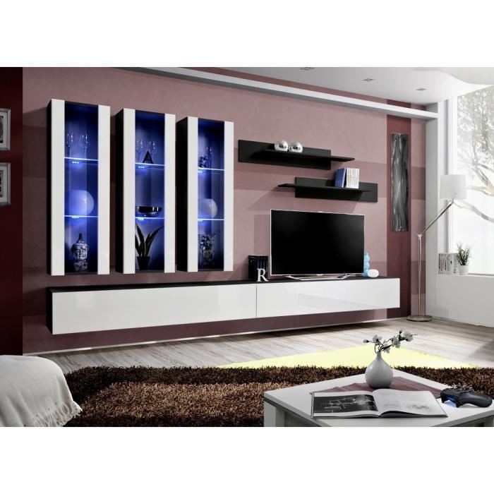 Meuble TV FLY E3 design, coloris noir et blanc brillant. Meuble suspendu moderne et tendance pour votre salon.