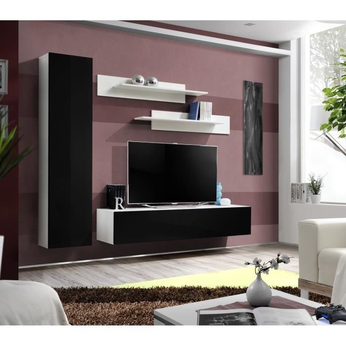 Meuble TV FLY G1 design, coloris blanc et noir brillant. Meuble suspendu moderne et tendance pour votre salon.
