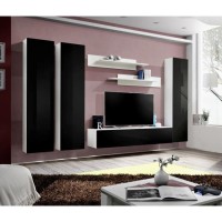 Meuble TV FLY C1 design, coloris blanc et noir brillant. Meuble suspendu moderne et tendance pour votre salon.