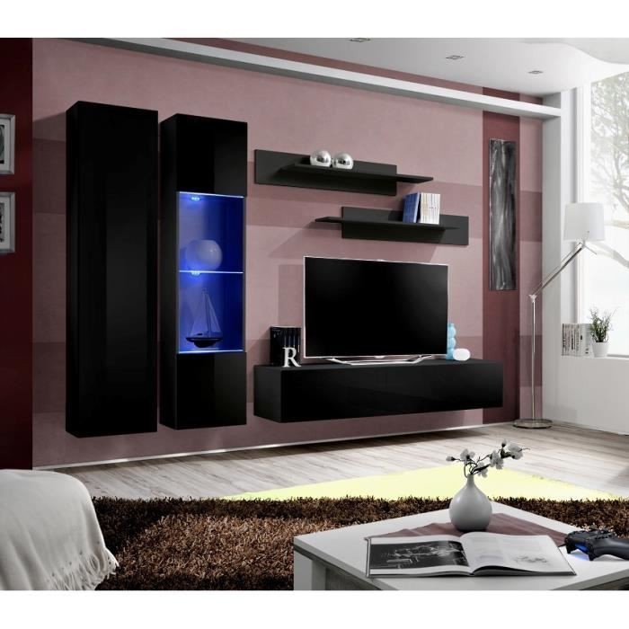 Meuble TV FLY A5 design, coloris noir brillant + LED. Meuble suspendu moderne et tendance pour votre salon.