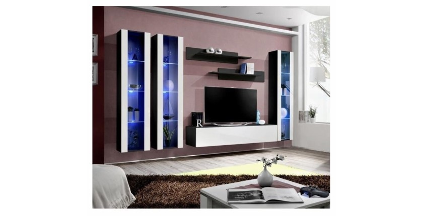 Meuble TV FLY C2 design, coloris noir et blanc brillant. Meuble suspendu moderne et tendance pour votre salon.