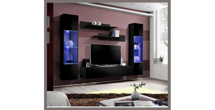 Meuble TV FLY A3 design, coloris noir brillant + LED. Meuble suspendu moderne et tendance pour votre salon.