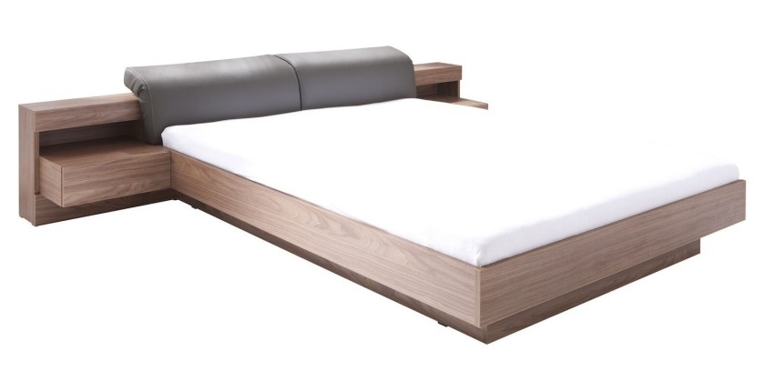 Lit coffre adulte RENATO. Couchage 160x200 cm. Chevets intégrés avec LED. Coloris Walnut. Lit design et moderne.