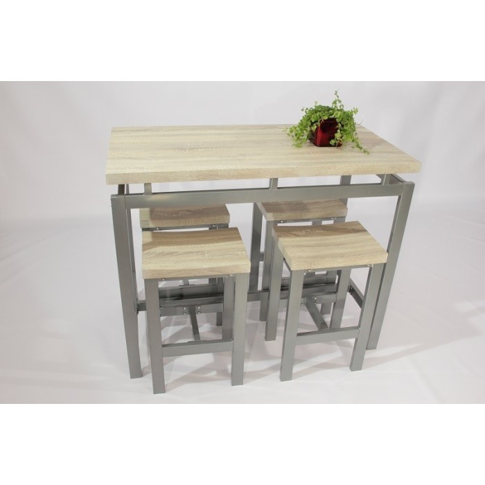 Ensemble design table haute, bar + 4 tabourets LE MANS. Set moderne type industriel, bois et métal.