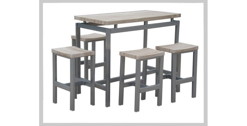Ensemble design table haute, bar + 4 tabourets LE MANS. Set moderne type industriel, bois et métal.