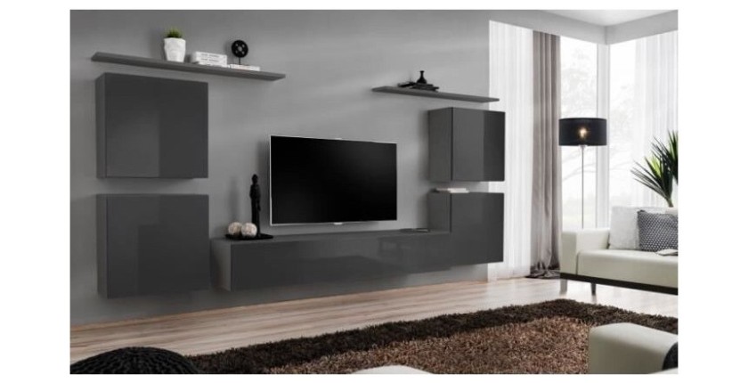 Ensemble meuble salon SWITCH IV design, coloris gris brillant.