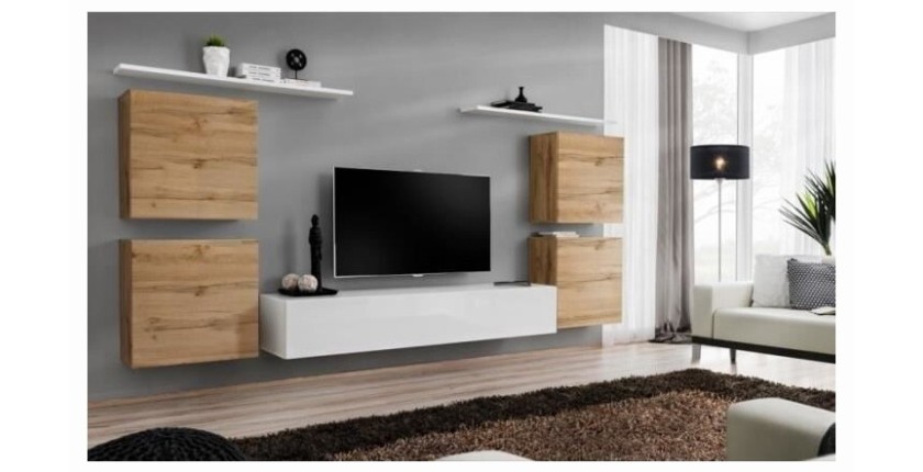 Ensemble meuble salon SWITCH IV design, coloris blanc et chêne Wotan.