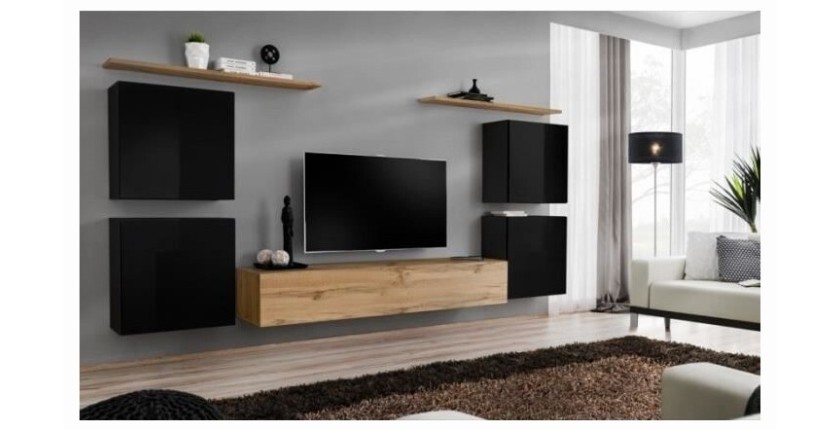 Ensemble meuble salon SWITCH IV design, coloris chêne Wotan et noir brillant .