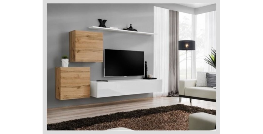 Ensemble meuble salon SWITCH V design, coloris blanc brillant et chêne Wotan.