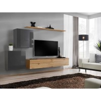 Ensemble meuble salon SWITCH V design, coloris chêne Wotan et gris brillant.