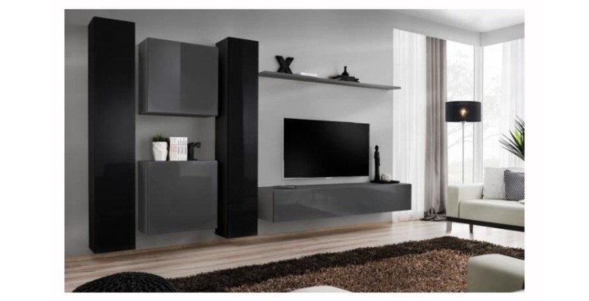 Ensemble meuble salon mural SWITCH VI design, coloris gris et noir brillant.