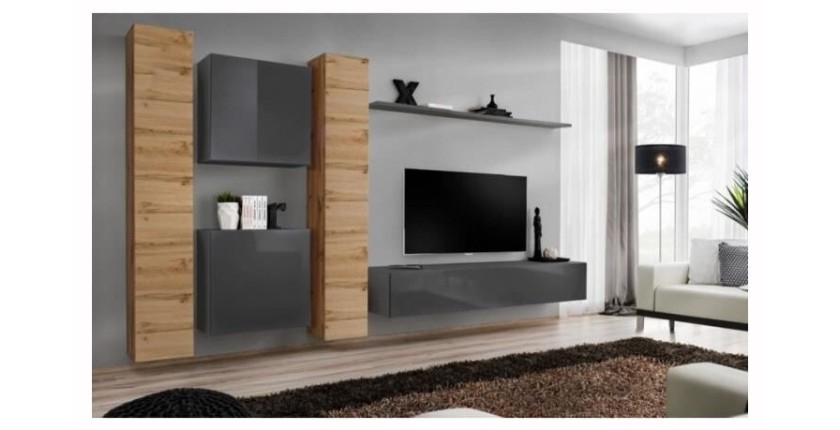 Ensemble meuble salon mural SWITCH VI design, coloris gris brillant et chêne Wotan.