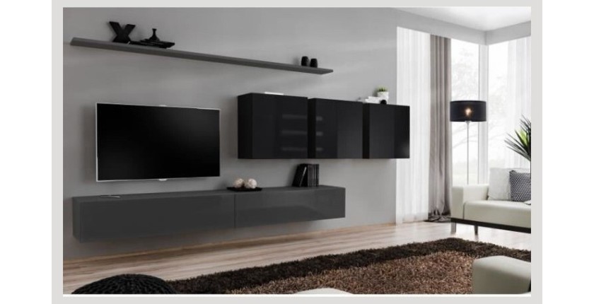 Ensemble meuble salon SWITCH VII design, coloris gris et noir brillant.
