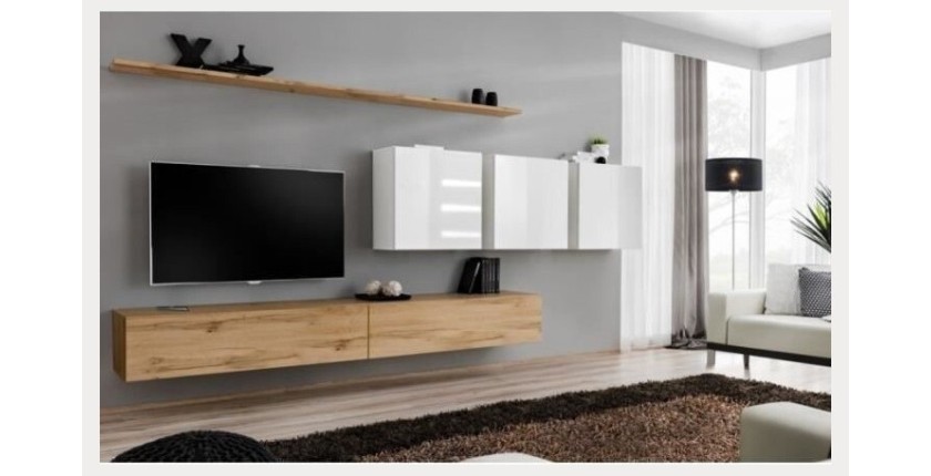 Ensemble meuble salon SWITCH VII design, coloris chêne Wotan et blanc brillant.