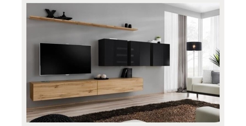 Ensemble meuble salon SWITCH VII design, coloris chêne Wotan et noir brillant.
