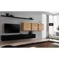 Ensemble meuble salon SWITCH VII design, coloris noir brillant et chêne Wotan.