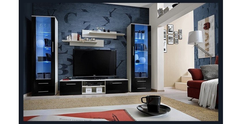 Ensemble de meuble de salon GALINO C, coloris blanc et noir brillant. Meuble moderne et tendance pour votre salon.